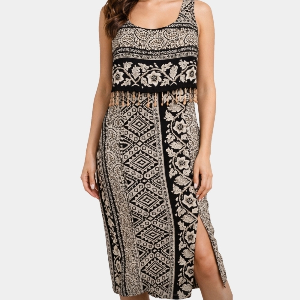 All That Jazz Vintage Tribal Print Sleeveless Beaded Fringe Midi Dress Sz 13/14